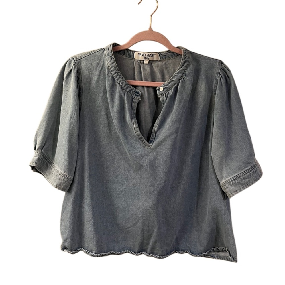 Velvet Heart Light Blue Washed Denim Peasant Blouse - Picture 2 of 6